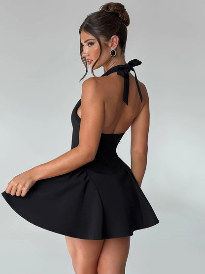 Dulzura Sleeveless Halter Lace Up Mini Dress Women'S Solid Sexy Elegant Prom Dress Evening Party Clubwear Autun Winter Outfit