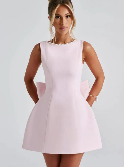 Elegant Pearl Bow Backless Sexy Mini Dress Women's Luxury Party Short Dresses White Black Pink Birthday Evening Wedding Summer