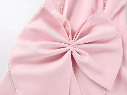 Elegant Pearl Bow Backless Sexy Mini Dress Women's Luxury Party Short Dresses White Black Pink Birthday Evening Wedding Summer