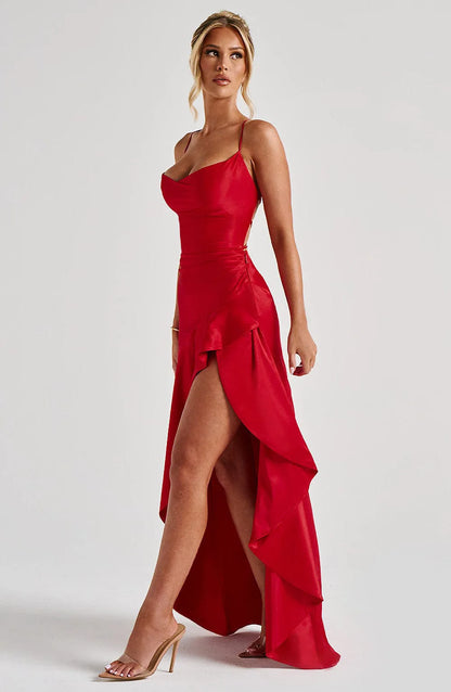 Sexy Satin Club Evening Party Dresses 2025 Summer Women Clothing Elegant Ruffle Irregular Backless Bandage Long Maxi Dress