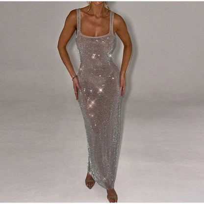 Sexy Sequined Sling Long Party Dress Women Slim Square Collar Sleeveless Backless Female Dresses 2025 Summer Lady Beach Robes