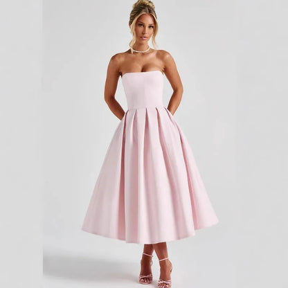 Strapless Lining Pleated Evening Party Dress Women Robes Backless Elegant Sexy Dress Bodycon Long Summer Dress Vestidos