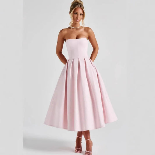 Strapless Lining Pleated Evening Party Dress Women Robes Backless Elegant Sexy Dress Bodycon Long Summer Dress Vestidos