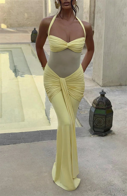 Mozision Halter Backless Sexy Maxi Dress Women Fashion Patchwork Off-shoulder Sleeveless Ruched Draped Bodycon Club Party Dress