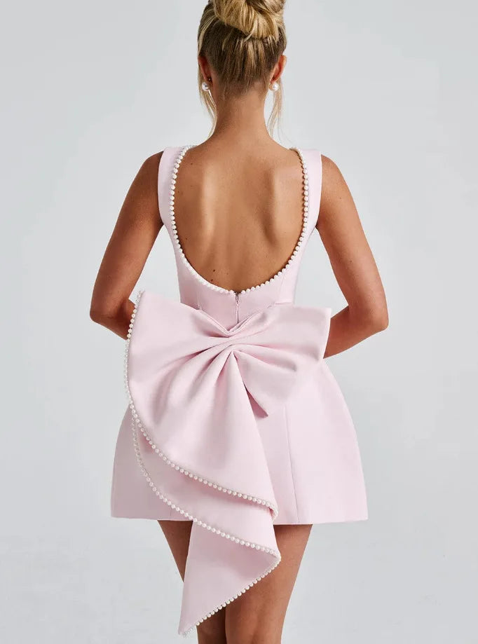 Elegant Pearl Bow Backless Sexy Mini Dress Women's Luxury Party Short Dresses White Black Pink Birthday Evening Wedding Summer