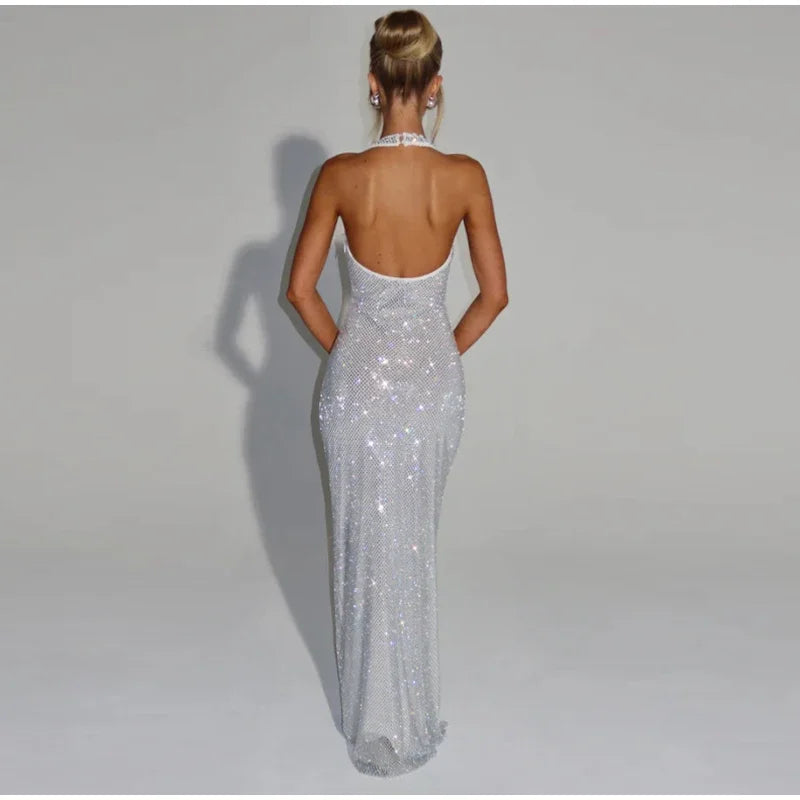 Women Glitter Halter Long Dress Sleeveless Backless Evening Party Solid Dresses Female Summer Chic Hollow Out Lady Vestidos