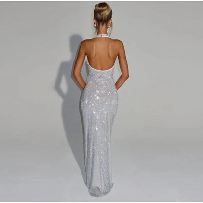 Women Glitter Halter Long Dress Sleeveless Backless Evening Party Solid Dresses Female Summer Chic Hollow Out Lady Vestidos