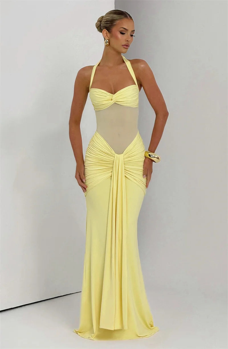 Mozision Halter Backless Sexy Maxi Dress Women Fashion Patchwork Off-shoulder Sleeveless Ruched Draped Bodycon Club Party Dress