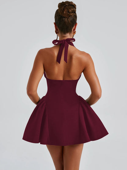Dulzura Sleeveless Halter Lace Up Mini Dress Women'S Solid Sexy Elegant Prom Dress Evening Party Clubwear Autun Winter Outfit