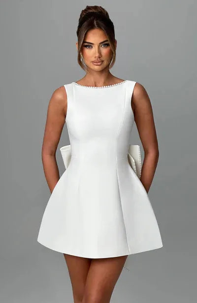 Elegant Pearl Bow Backless Sexy Mini Dress Women's Luxury Party Short Dresses White Black Pink Birthday Evening Wedding Summer
