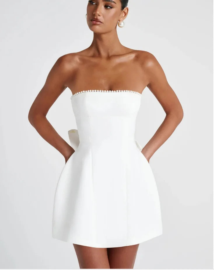 Elegant Pearl Bow Backless Sexy Mini Dress Women's Luxury Party Short Dresses White Black Pink Birthday Evening Wedding Summer