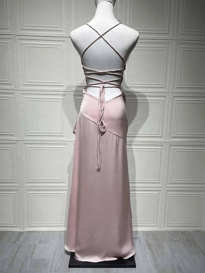 Sexy Satin Club Evening Party Dresses 2025 Summer Women Clothing Elegant Ruffle Irregular Backless Bandage Long Maxi Dress