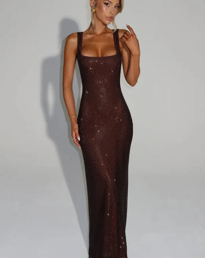 Sexy Sequined Sling Long Party Dress Women Slim Square Collar Sleeveless Backless Female Dresses 2025 Summer Lady Beach Robes