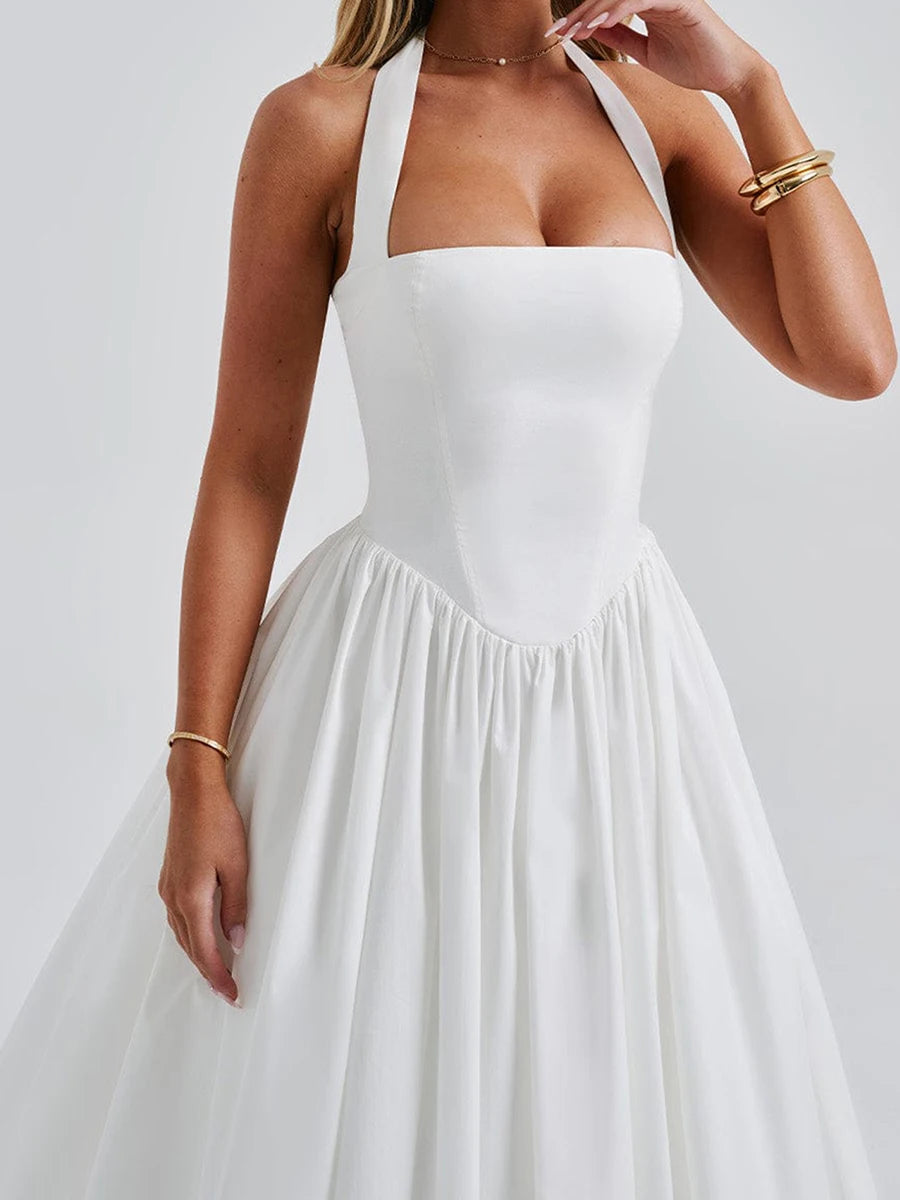 Combhasaki Women Solid Color Elegant Tie-up Halter Neck Sleeveless Bandage Open Back Cross Corset A-line Midi Tank Tutu Dress