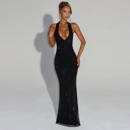 Women Glitter Halter Long Dress Sleeveless Backless Evening Party Solid Dresses Female Summer Chic Hollow Out Lady Vestidos
