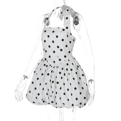 Halter Print Polka Dot Mini Dress Women Fashion Off-shoulder Sleeveless Backless High Waist A-line Club Party Dress