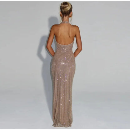 Women Glitter Halter Long Dress Sleeveless Backless Evening Party Solid Dresses Female Summer Chic Hollow Out Lady Vestidos