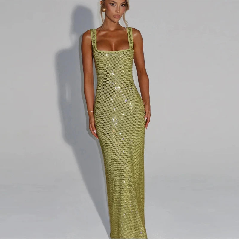 Sexy Sequined Sling Long Party Dress Women Slim Square Collar Sleeveless Backless Female Dresses 2025 Summer Lady Beach Robes