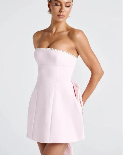Elegant Pearl Bow Backless Sexy Mini Dress Women's Luxury Party Short Dresses White Black Pink Birthday Evening Wedding Summer