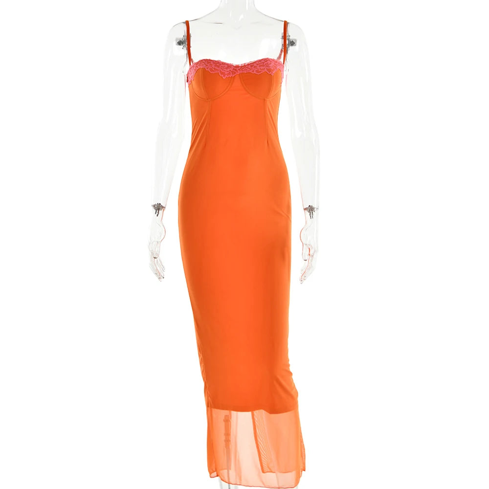 Articat Sexy Lace Patchwork Backless Slim Women Dress Spaghetti Srap Double Layer Bodycon Midi Female Elegant Party Clubwear