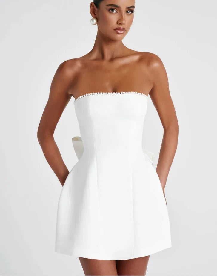 Elegant Pearl Bow Backless Sexy Mini Dress Women's Luxury Party Short Dresses White Black Pink Birthday Evening Wedding Summer