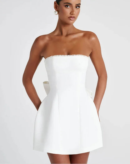 Elegant Pearl Bow Backless Sexy Mini Dress Women's Luxury Party Short Dresses White Black Pink Birthday Evening Wedding Summer