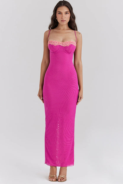 Articat Sexy Lace Patchwork Backless Slim Women Dress Spaghetti Srap Double Layer Bodycon Midi Female Elegant Party Clubwear