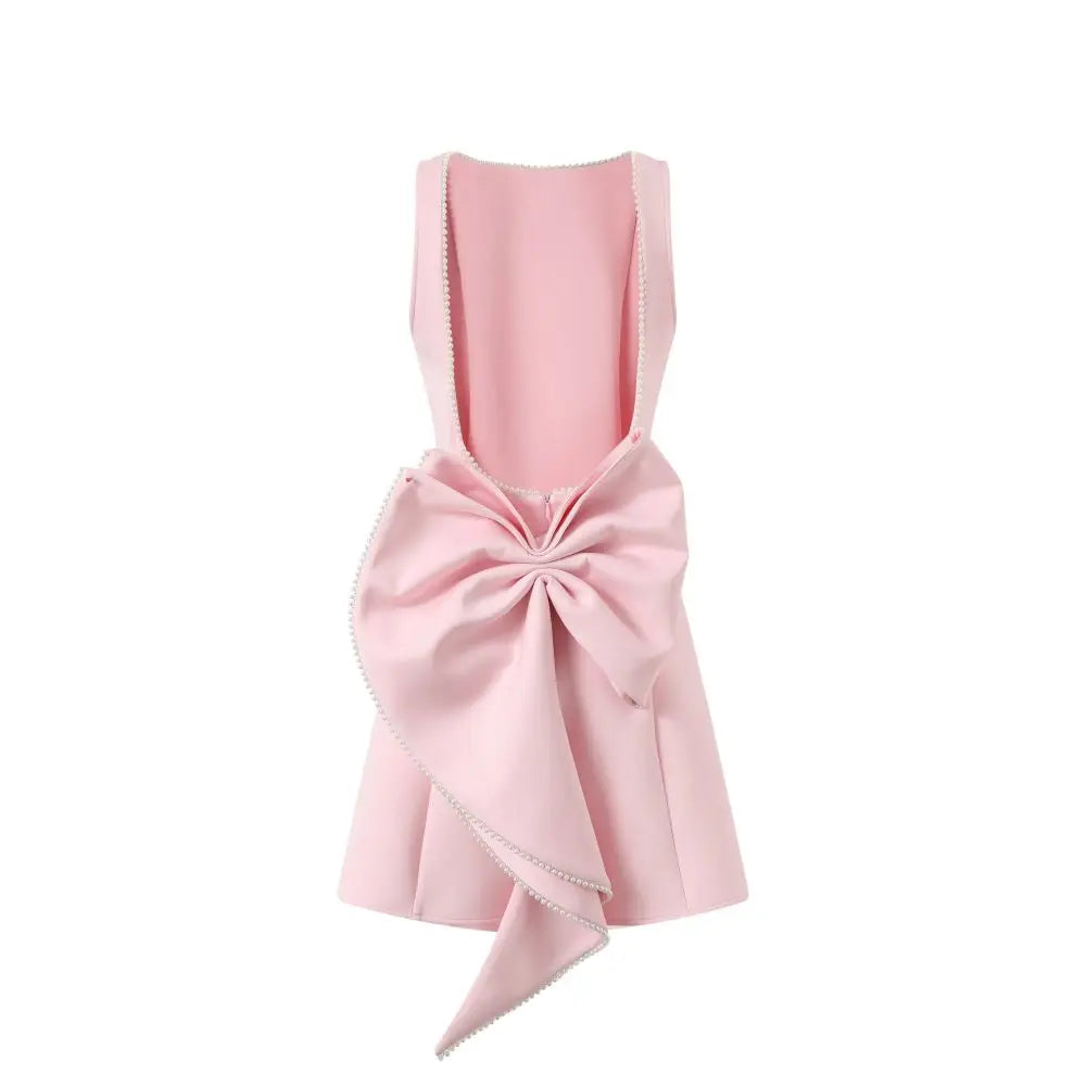 Elegant Pearl Bow Backless Sexy Mini Dress Women's Luxury Party Short Dresses White Black Pink Birthday Evening Wedding Summer