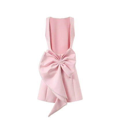 Elegant Pearl Bow Backless Sexy Mini Dress Women's Luxury Party Short Dresses White Black Pink Birthday Evening Wedding Summer