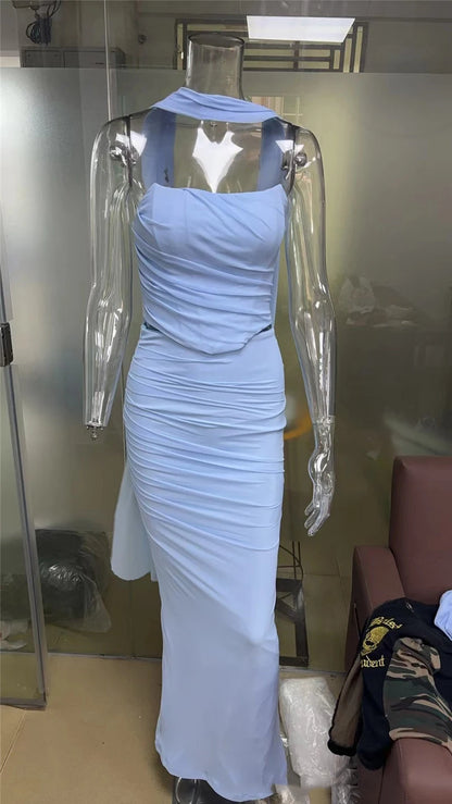 Mozision Sexy Two Piece Sets Women Neckerchief Strapless Crop Tops And Maxi Skirt Sets Sexy Club Party Skirt Two Piece Sets