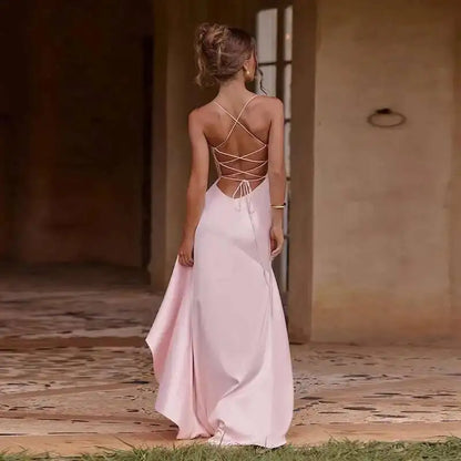 Sexy Satin Club Evening Party Dresses 2025 Summer Women Clothing Elegant Ruffle Irregular Backless Bandage Long Maxi Dress