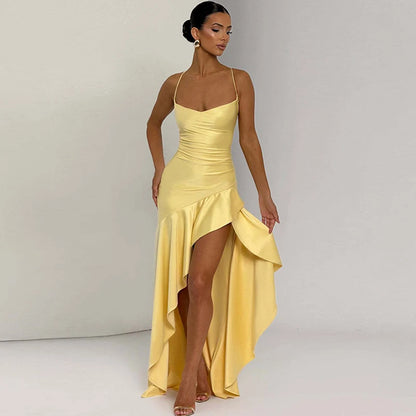 Sexy Satin Club Evening Party Dresses 2025 Summer Women Clothing Elegant Ruffle Irregular Backless Bandage Long Maxi Dress