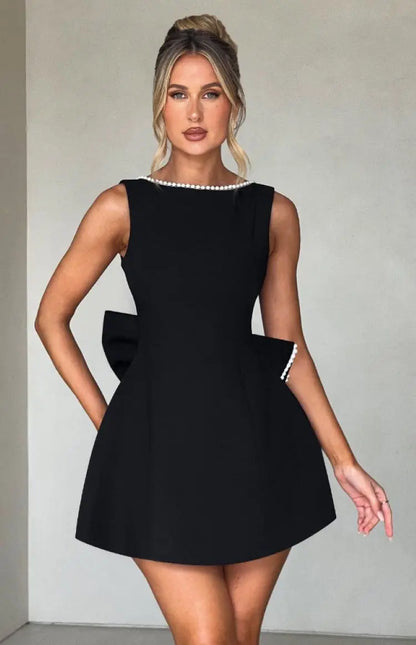 Elegant Pearl Bow Backless Sexy Mini Dress Women's Luxury Party Short Dresses White Black Pink Birthday Evening Wedding Summer