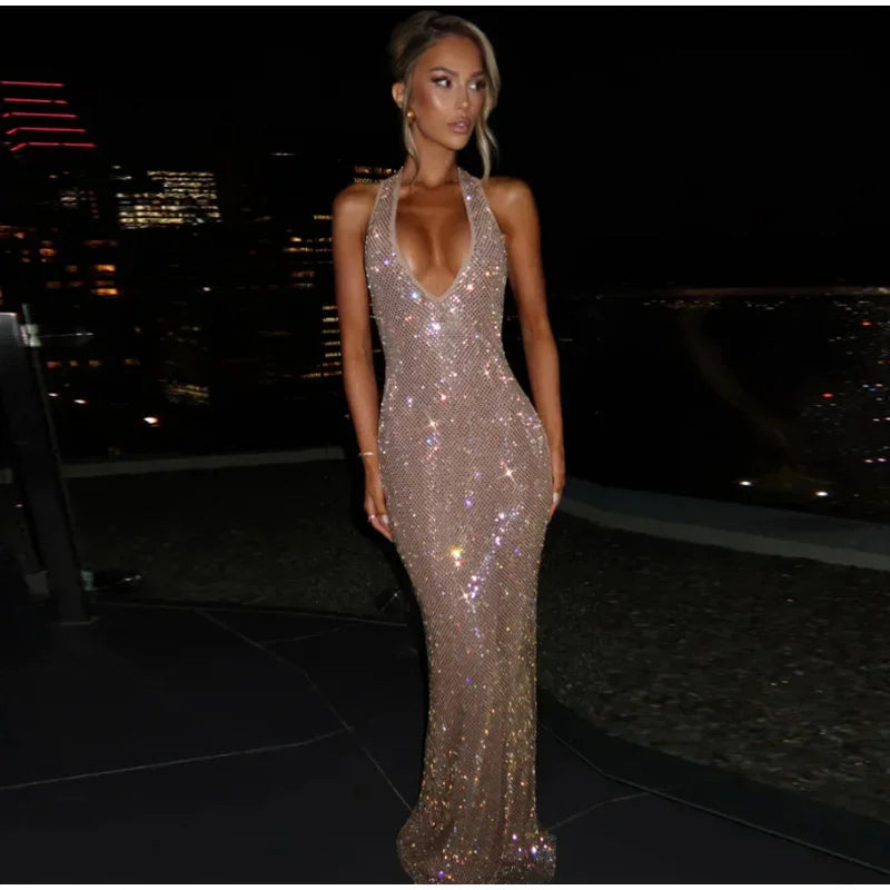 Women Glitter Halter Long Dress Sleeveless Backless Evening Party Solid Dresses Female Summer Chic Hollow Out Lady Vestidos
