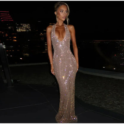 Women Glitter Halter Long Dress Sleeveless Backless Evening Party Solid Dresses Female Summer Chic Hollow Out Lady Vestidos