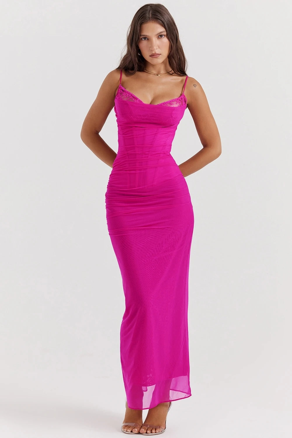 Articat Sexy Lace Patchwork Backless Slim Women Dress Spaghetti Srap Double Layer Bodycon Midi Female Elegant Party Clubwear
