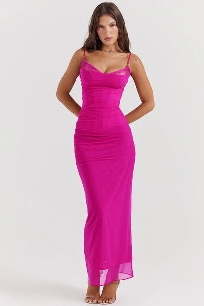 Articat Sexy Lace Patchwork Backless Slim Women Dress Spaghetti Srap Double Layer Bodycon Midi Female Elegant Party Clubwear