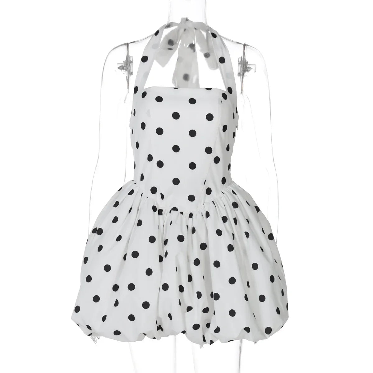 Halter Print Polka Dot Mini Dress Women Fashion Off-shoulder Sleeveless Backless High Waist A-line Club Party Dress