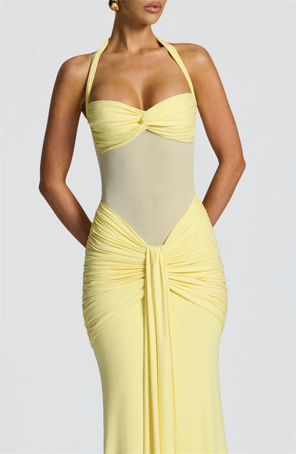 Mozision Halter Backless Sexy Maxi Dress Women Fashion Patchwork Off-shoulder Sleeveless Ruched Draped Bodycon Club Party Dress